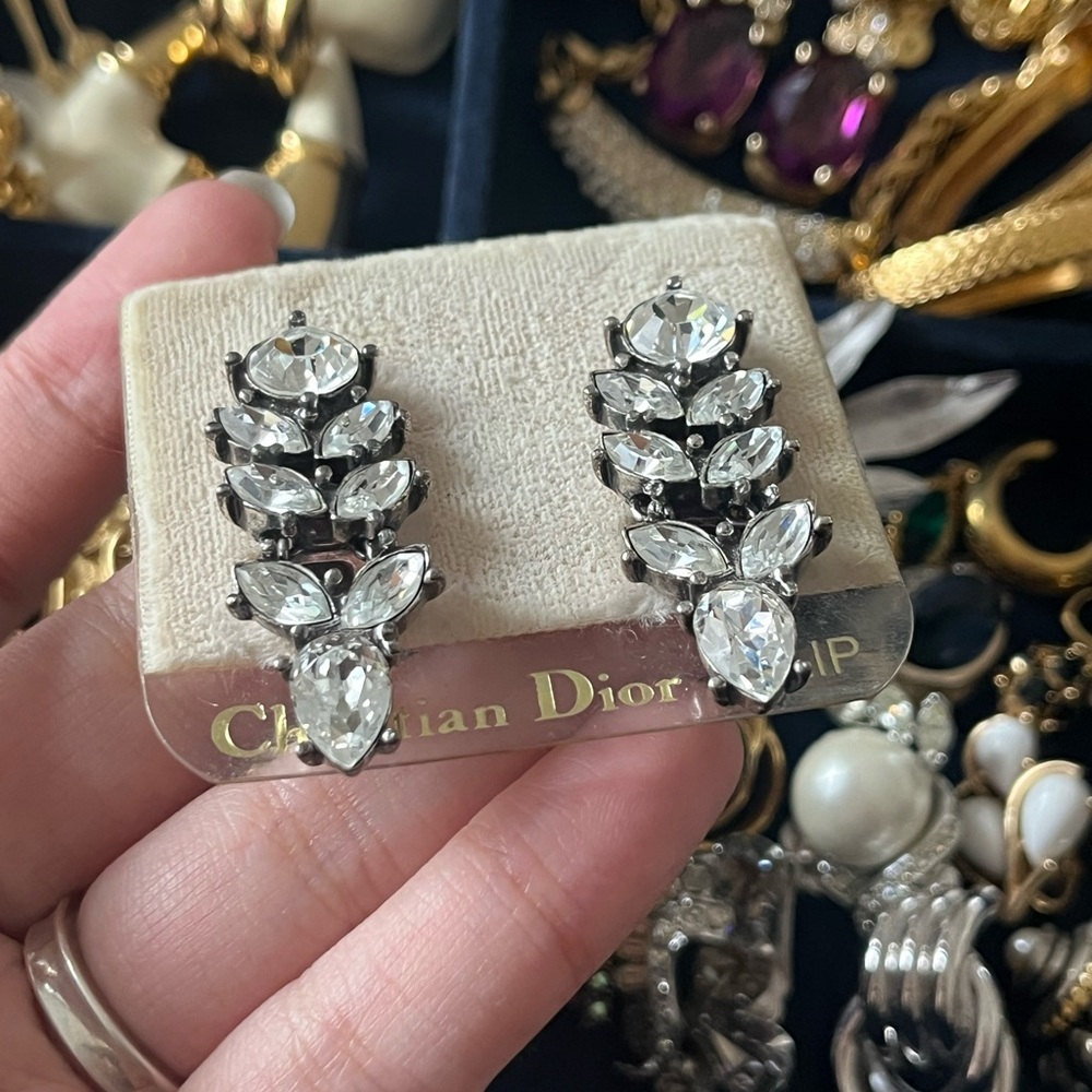 NWT Vintage Christian Dior Marquise Rhinestone Drop Patinated Silver Earrings - Picture 7 of 10